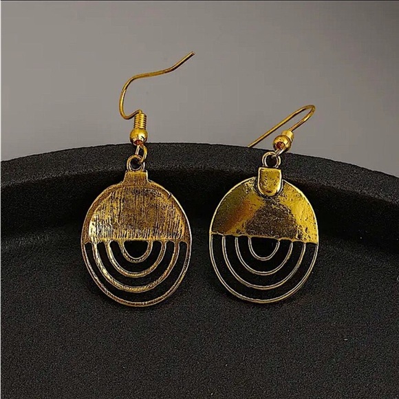 Vintage Gold Metal Geometry Circle Dangle Earrings New - Picture 4 of 6